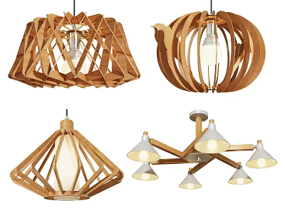 Stylish Wooden Chandeliers With Various Modern Designs And Geometric Shapes For Home Decor 3d model
