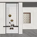 Modern Glass Partition Interior With Tile Wall Decorative Statue And Artwork Design