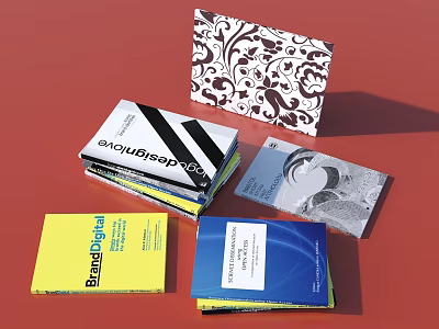 Colorful Stacked Books and Magazines With Patterned Covers and Text Labels 3d model