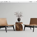 Woven Rattan Leisure Chairs With Black Legs And Wooden Side Table With Plant Vase