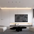 Modern Living and Dining Room Interior With White Sofa Coffee Table Plant and Built-in Cabinets