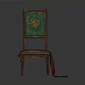 Decorative Wooden Chair With Green Backrest Golden Pattern Red Fabric And Wooden Legs