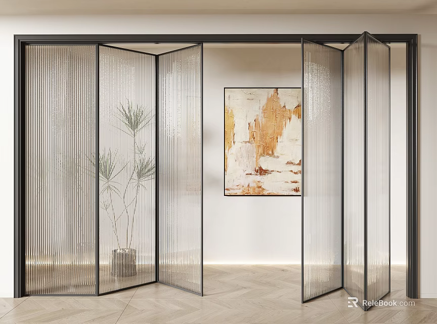 Black Frame Glass Folding Door in Modern Interior with Decorative Painting and Plant 3d model 