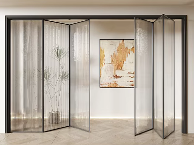 Black Frame Glass Folding Door in Modern Interior with Decorative Painting and Plant 3d model