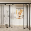 Black Frame Glass Folding Door in Modern Interior with Decorative Painting and Plant