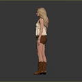 Blonde Woman in Beige Tank Top Brown Shorts and Brown Boots Standing Against Gray Background