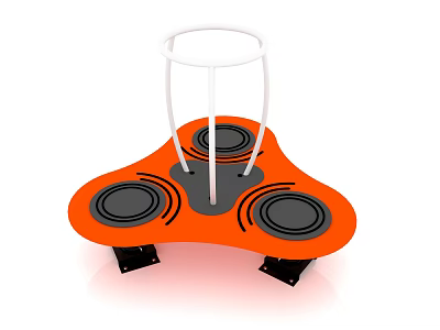 Orange Clover Shaped Playground Equipment with Three Black Circular Areas and White Stand 3d model