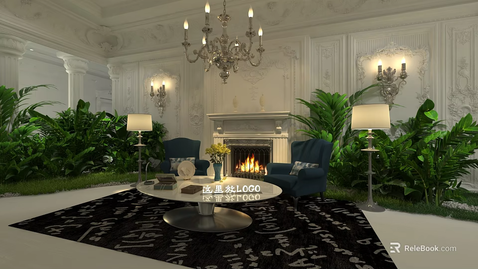 Luxurious Classic Living Room Interior With Chandelier Fireplace Blue Armchairs And Green Plants 3d model 