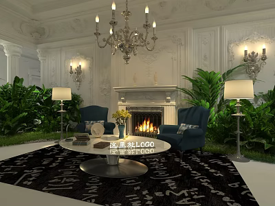 Luxurious Classic Living Room Interior With Chandelier Fireplace Blue Armchairs And Green Plants 3d model
