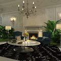 Luxurious Classic Living Room Interior With Chandelier Fireplace Blue Armchairs And Green Plants