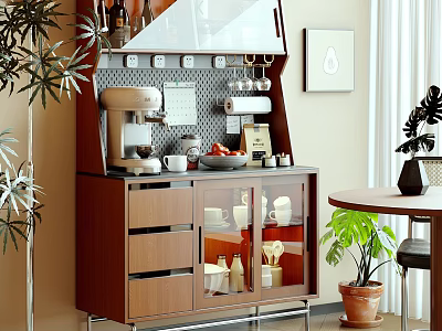 Wooden Sideboard With Drawers Glass Doors Coffee Machine Mugs In Kitchen Dining Space With Plants 3d model