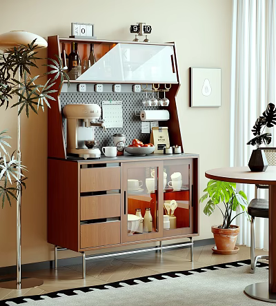 Wooden Sideboard With Drawers Glass Doors Coffee Machine Mugs In Kitchen Dining Space With Plants 3d model