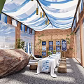 Maybach Display Area Featuring Blue White Striped Canopies Brick Walls Long Table And Stone Stools