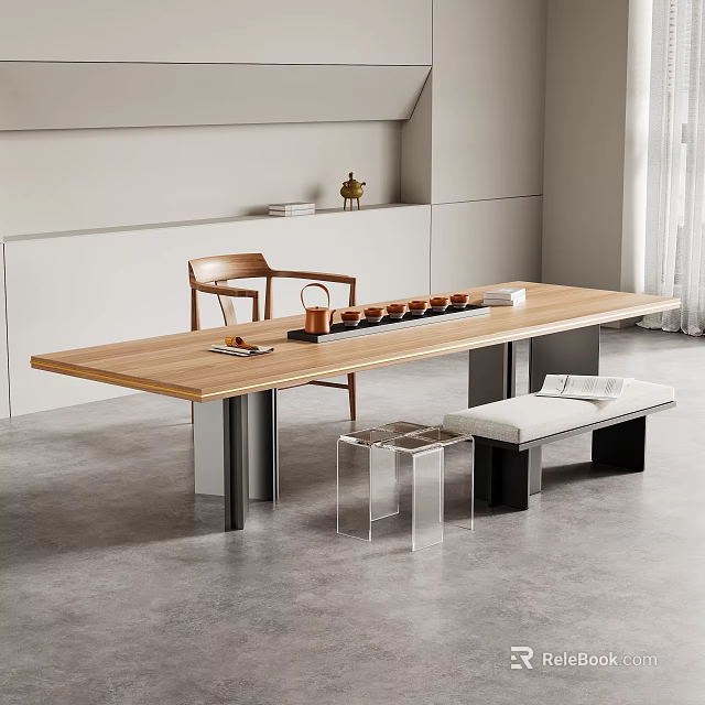 Modern Solid Wood Tea Table with Matching Chairs Bench and Tea Set in Minimalist Space 3d model