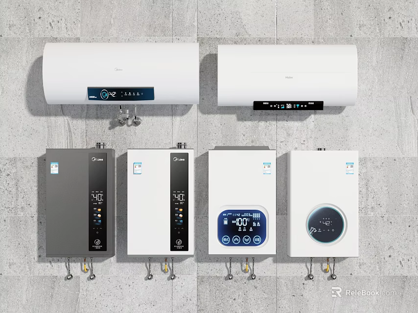 Electric and Instant Water Heaters with Digital Displays in Modern Designs for Home Use 3d model 