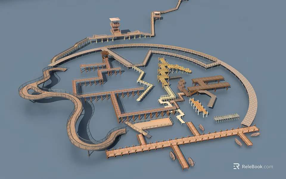 Road Facilities Featuring Winding Boardwalks Multi Level Bridges And Observation Towers 3d model 