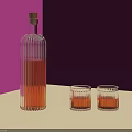 Glass Teapot With Striped Design Holding Orange Tea And Matching Cups On Purple Beige Background