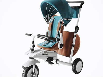 Kids Tricycle With Blue Canopy Brown Seat White Frame Handlebar And Wheels 3d model