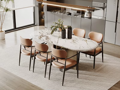 Modern Kitchen Dining Table And Chairs Set With Marble Top Green Plant And Vase 3d model