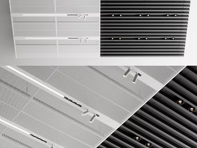 Modern Ceiling Design With White Black Slats And Recessed Lighting Fixtures 3d model