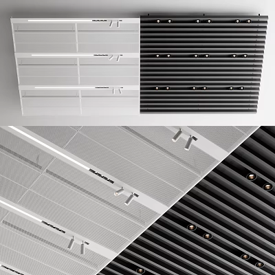 Modern Ceiling Design With White Black Slats And Recessed Lighting Fixtures 3d model