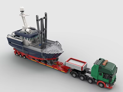 Creative Building Blocks Model of Green Truck with Flatbed Trailer Carrying Blue Boat 3d model