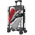 Transparent Suitcase with Red and White Sneakers Inside and Wheels Retractable Handle