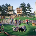 Children's Playground With Wooden Play Structures Slides Climbing Equipment And Green Lawn