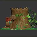 Modern Tree Stump House With Lush Green Grass Red Roof Vines And Wooden Stairs