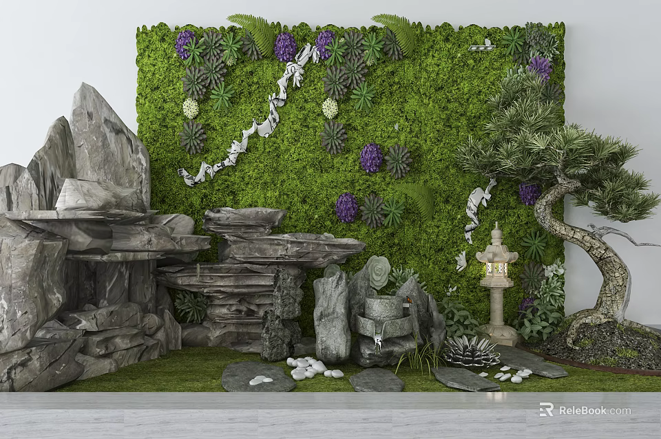 Charming Garden Decor With Green Moss Wall Purple Flowers Stones Lantern Small Tree And Succulents 3d model 