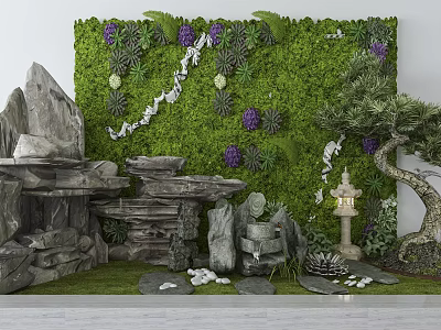 Charming Garden Decor With Green Moss Wall Purple Flowers Stones Lantern Small Tree And Succulents 3d model