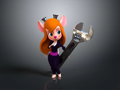 Cartoon Mouse With Orange Hair Pink Ears Small Black Horns Purple Outfit Holding Large Wrench 3d model
