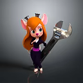 Cartoon Mouse With Orange Hair Pink Ears Small Black Horns Purple Outfit Holding Large Wrench