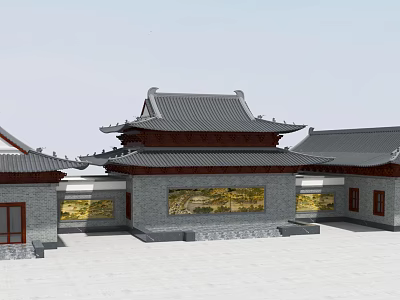 Ancient Chinese Architecture With Gray Tile Roof Curved Eaves And Traditional Murals 3d model