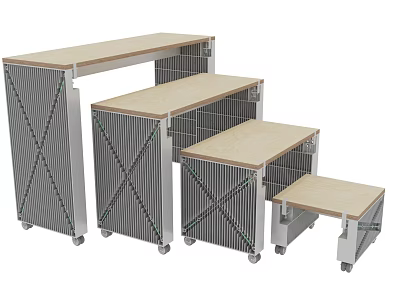 Functional Table With Various Heights Rolling Wheels Crossed Metal Frames And Wooden Tops 3d model