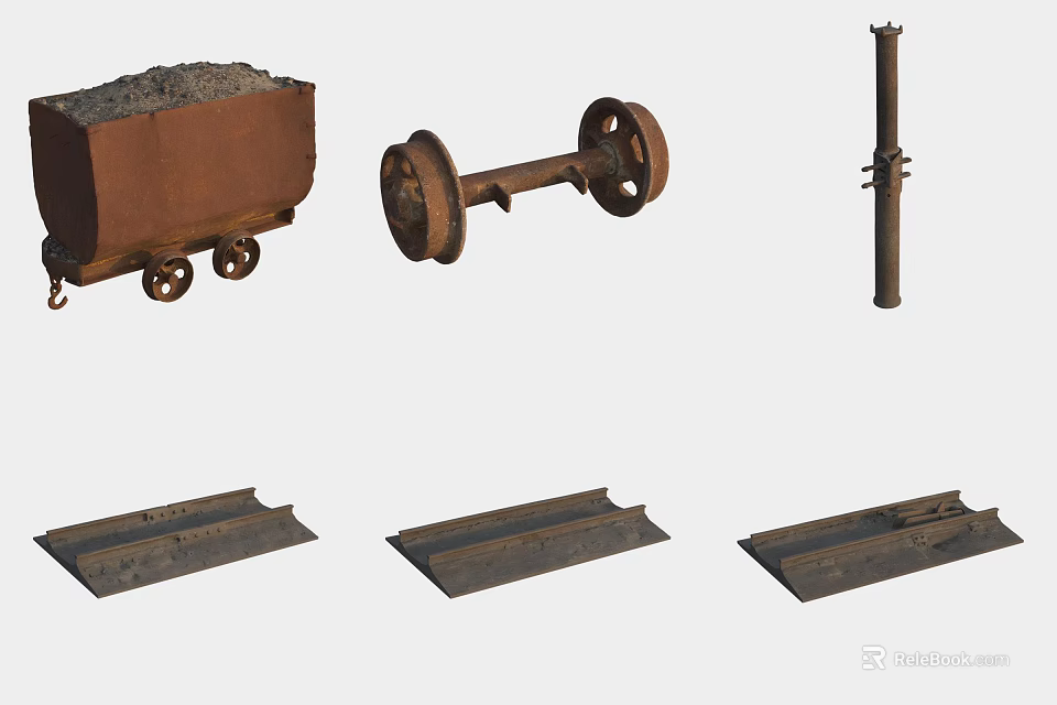 Rusty Mine Cart With Wheel Component Metal Pillar And Rail Tracks 3d model 