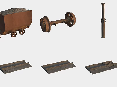 Rusty Mine Cart With Wheel Component Metal Pillar And Rail Tracks 3d model