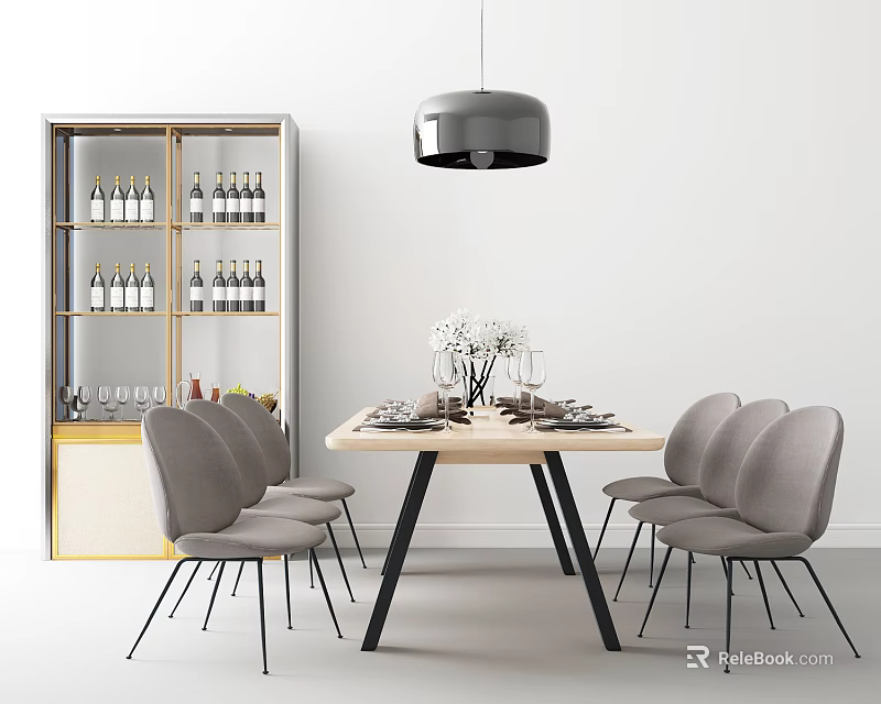 Modern Dining Table Set With Gray Chairs Black Pendant Light And Wine Cabinet 3d model