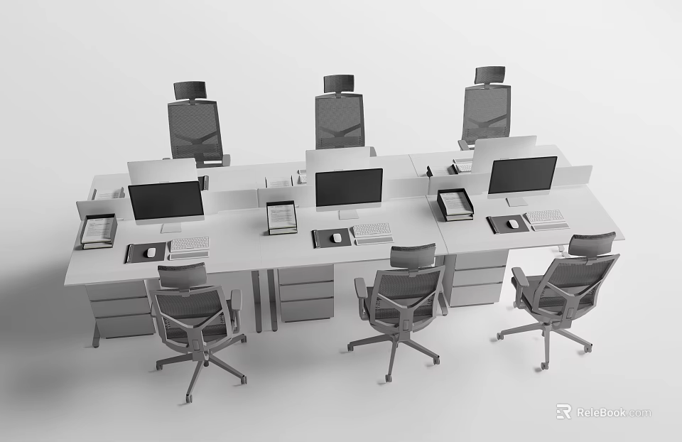 Modern Office Desk Workstation Setup With Ergonomic Chairs Computers And Keyboard 3d model 
