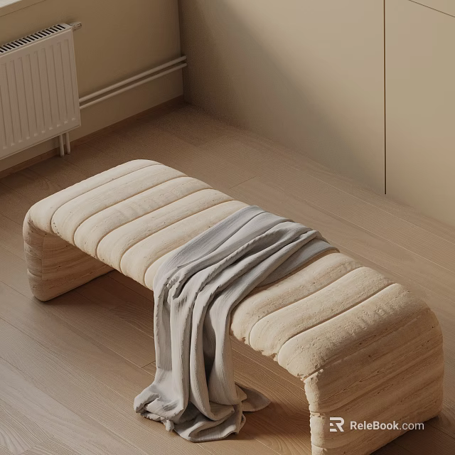 Beige Striped Sofa Bench With Light Gray Blanket On Light Wooden Floor 3d model 