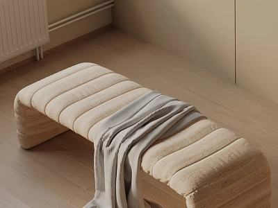 Beige Striped Sofa Bench With Light Gray Blanket On Light Wooden Floor 3d model