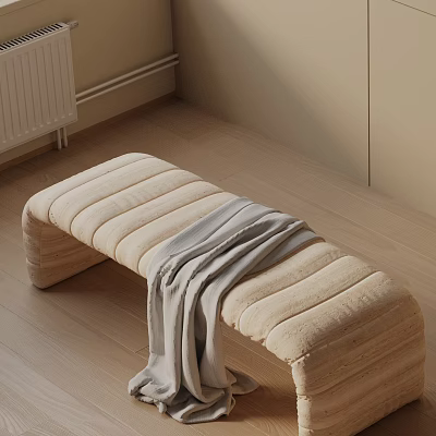 Beige Striped Sofa Bench With Light Gray Blanket On Light Wooden Floor 3d model