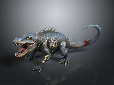 Realistic 3D Mythical Reptile Model With Open Mouth Yellow Eyes Spiked Back and Spotted Skin 3d model