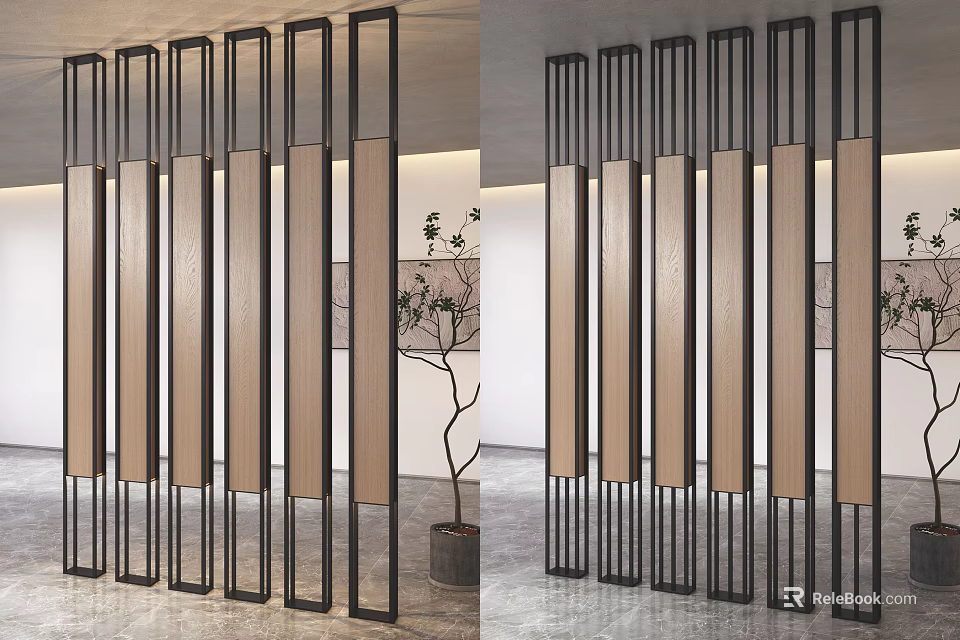 Modern Decorative Room Divider With Metal Frame And Wooden Slats For Interior Space Design 3d model 