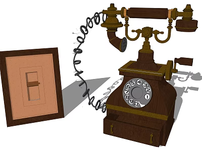 Classic Vintage Wooden Telephone With Rotary Dial And Square Panel 3d model