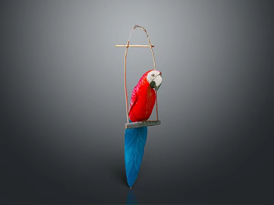 Red and blue parrot perched on wooden bird stand with metal frame 3d model