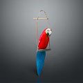 Red and blue parrot perched on wooden bird stand with metal frame