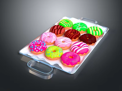 Colorful Donuts With Various Icing Colors And Sprinkles On Transparent Tray 3d model