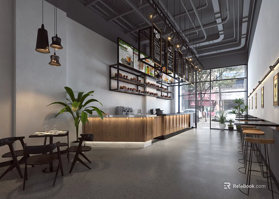 Modern Café Interior With Wooden Counter Cozy Tables Hanging Lights And Green Plants 3d model 