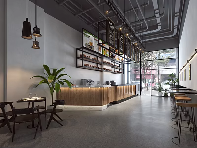 Modern Café Interior With Wooden Counter Cozy Tables Hanging Lights And Green Plants 3d model
